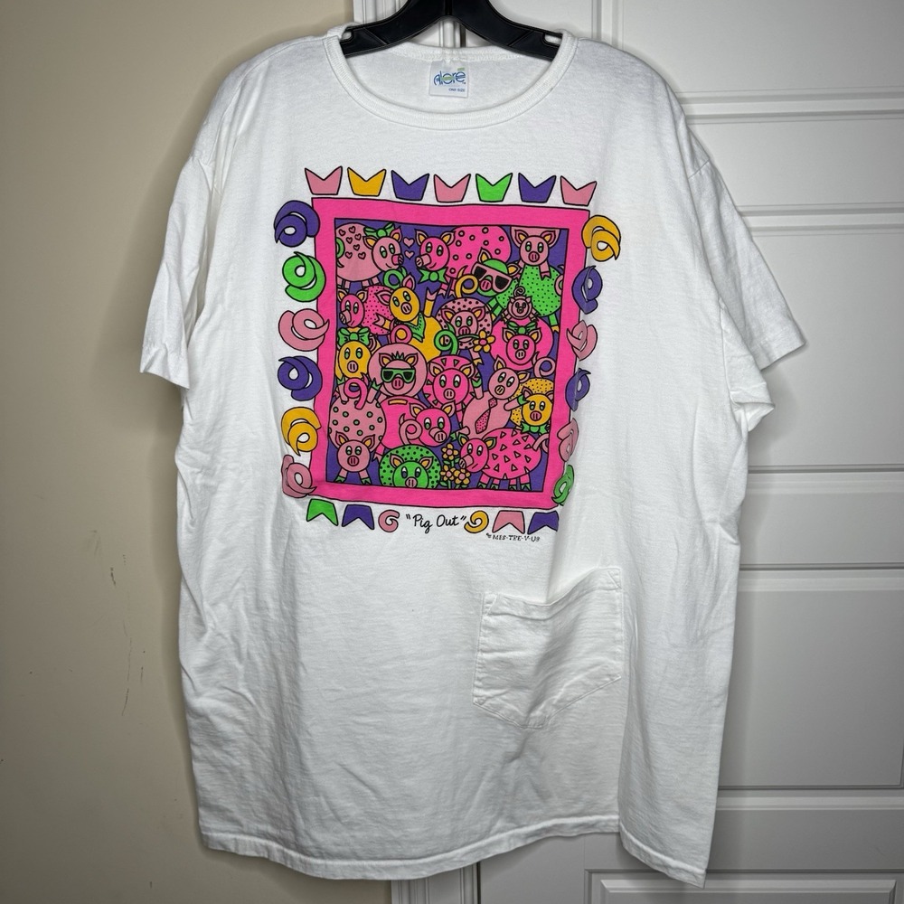 Vintage 1992 "Pig Out" T-Shirt Adult XL White Maximalism Single Stitch Pocket